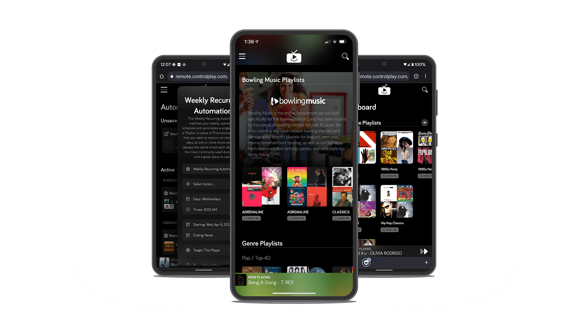 Bowling music dashboards and playlists on 3 phones