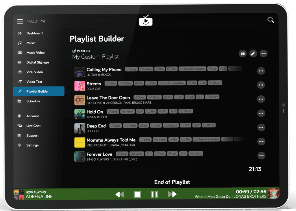 Control Play Playlist Builder on a tablet
