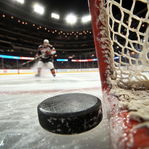 A hockey puck entering the net