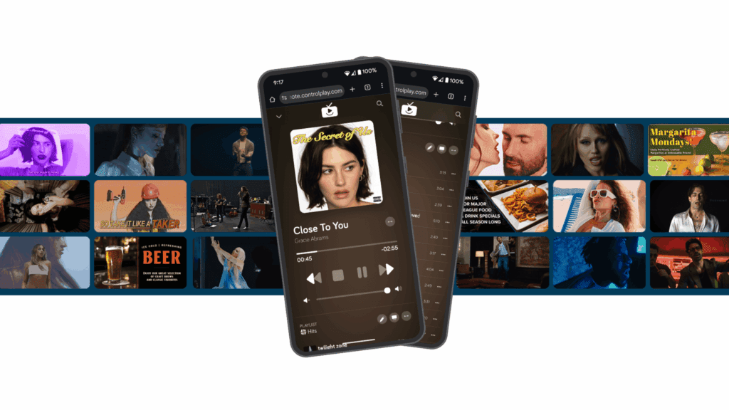 Two phones with music videos coming out of them
