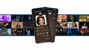 Two phones with music videos coming out of them