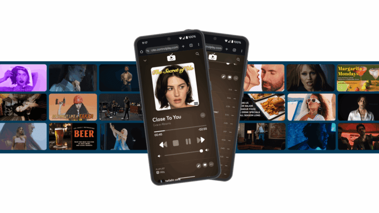 Two phones with music videos coming out of them