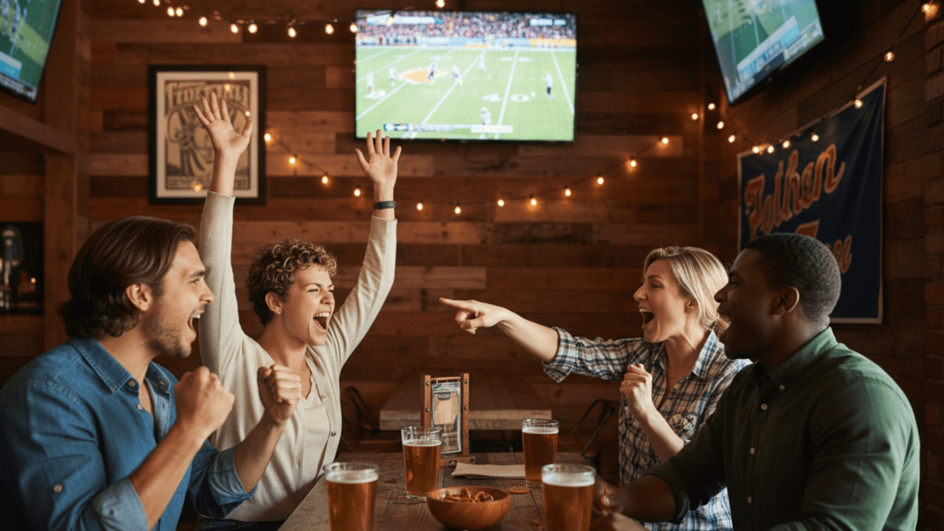 People celebrating sports at a bar.