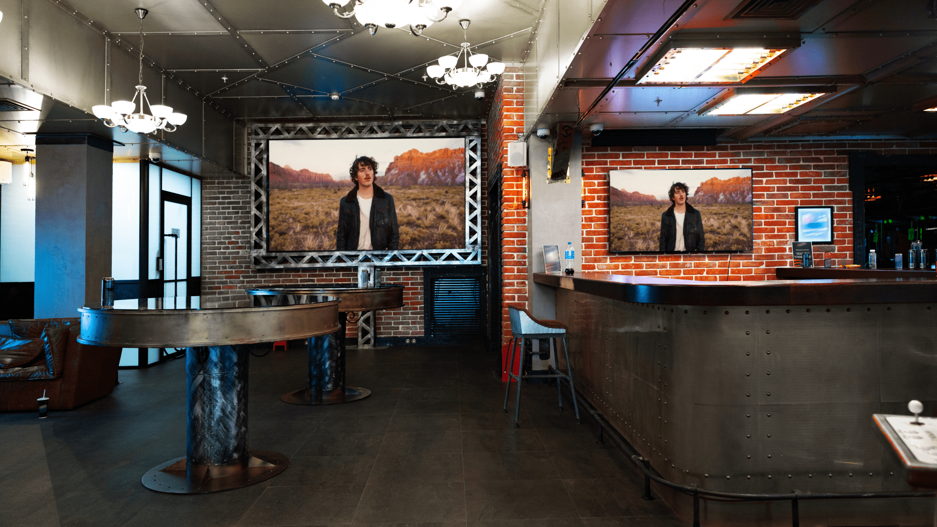 Interior of bar with music video playing