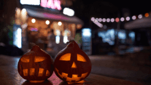 Pumpkins in front of a bar