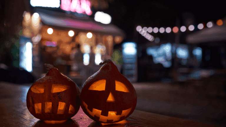 Pumpkins in front of a bar
