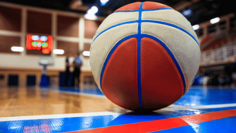 A basket ball on a court