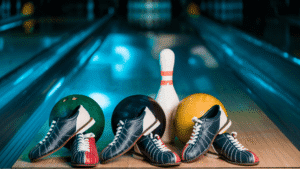 Bowling with three shoes and balls on a lane