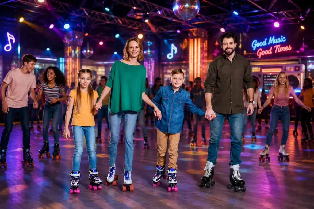 Family roller skating during a lively indoor rink music session