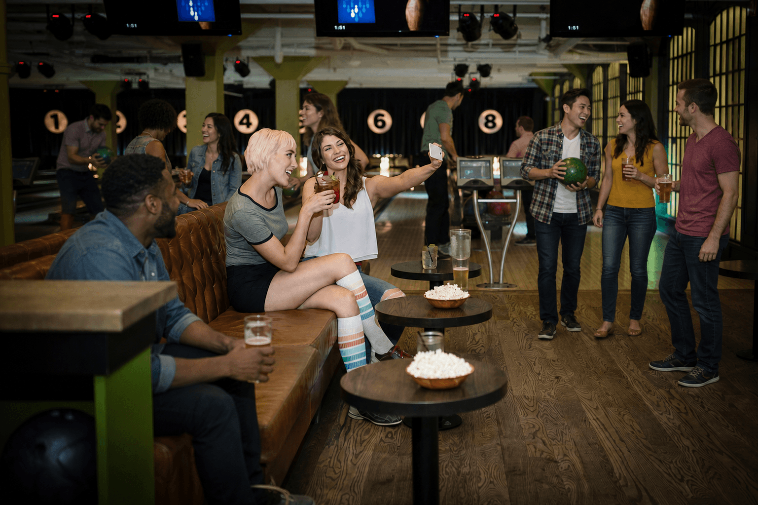 Friends socializing with drinks and bowling balls in a modern bowling alley lounge